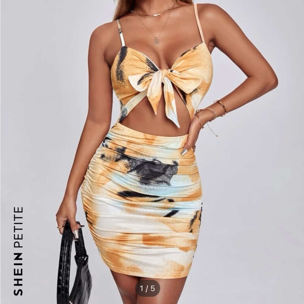 SHEIN Tie Dye Ruched Knot Front Cami Bodycon Dress